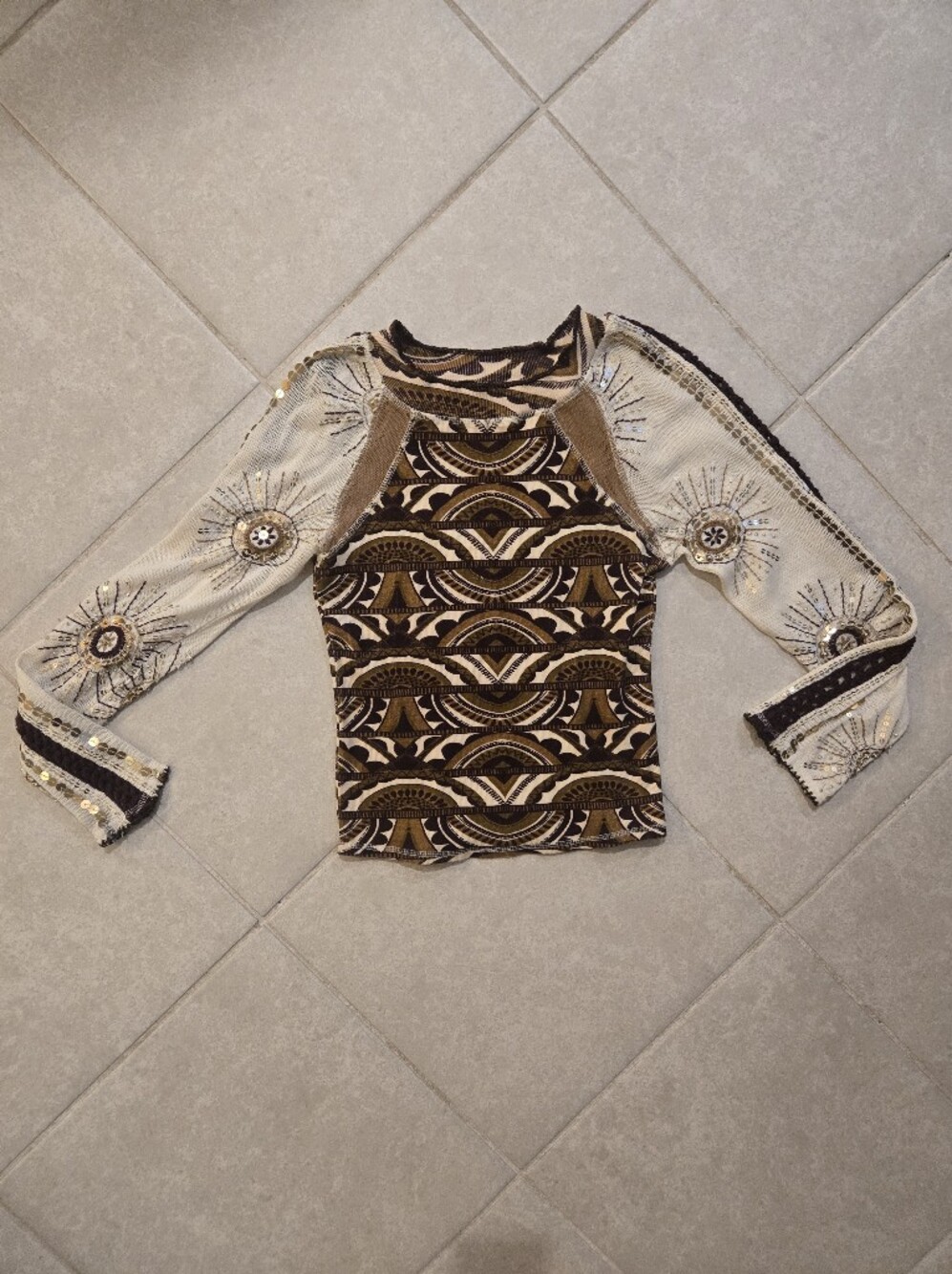 Free People Women’s Embroidered Beige and Brown Patterned Long-Sleeve Top